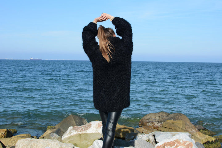 12-Strand Black Mohair Pullover – Hand-Knitted Oversized Turtleneck Sweater T676