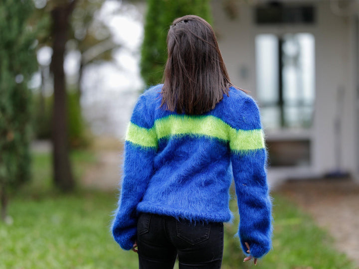 Hand-Knitted Swedish Flag Mohair Sweater – Blue Yellow Fluffy Soft Pullover T1115