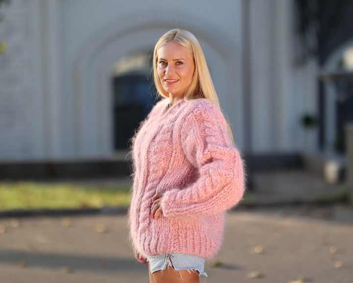 16-Strand Cabled Mohair–Alpaca Mix Sweater – Hand-Knitted Chunky Fuzzy Jumper T1451