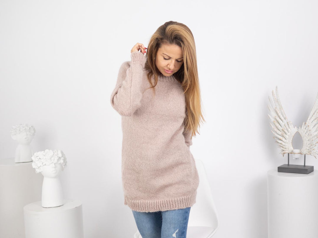 Beige Mohair Crewneck Sweater – Hand-Knitted Fluffy Soft Winter Pullover T1743
