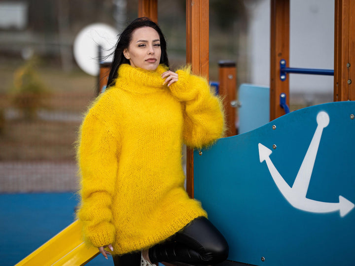 Hand Knitted Yellow Mohair Sweater, Soft Fluffy Warm Jumper T1173