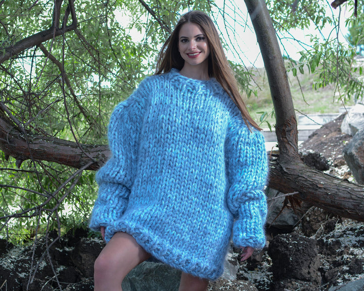 8-Strand Mohair–Wool Mix Sweater – Extra Thick Melange Hand-Knitted Oversized Jumper T788