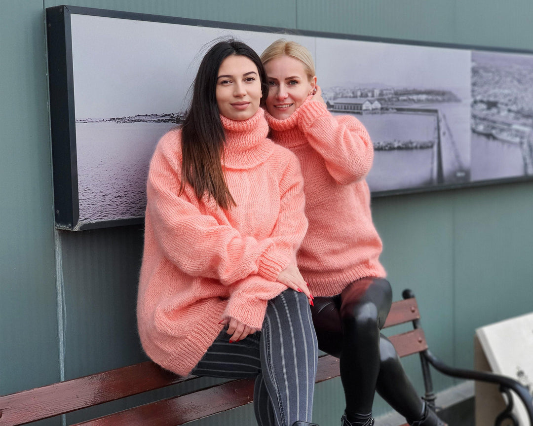 Salmon Pink Mohair Turtleneck Sweater – Hand-Knitted Fluffy Soft Winter Pullover T940