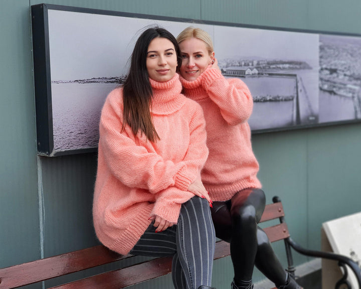 Salmon Pink Mohair Turtleneck Sweater – Hand-Knitted Fluffy Soft Winter Pullover T940