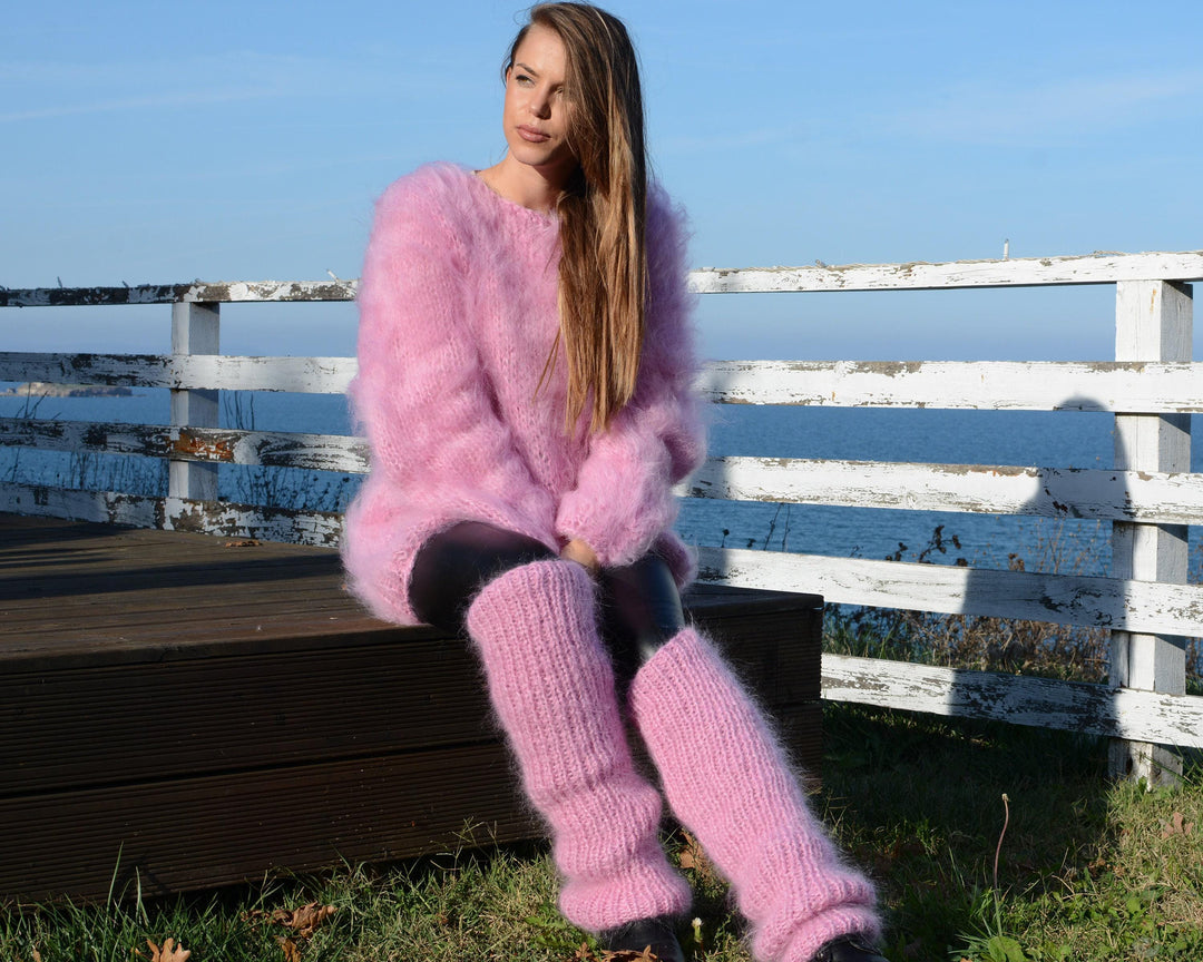Oversized Pink Mohair Sweater, Hand Knitted Loose Knit Tunic Women’s Pullover T690W