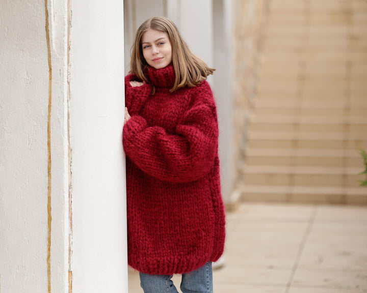 12-Strand Huge Turtleneck Mohair Sweater – Hand-Knitted Chunky Unisex Red Fluffy Pullover T1373