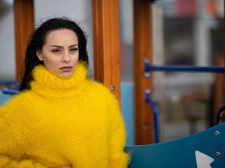 Hand Knitted Yellow Mohair Sweater, Soft Fluffy Warm Jumper T1173