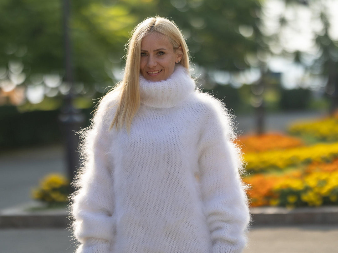 Fluffy White Mohair Sweater, Hand Knitted Soft Warm Knit Jumper T1231