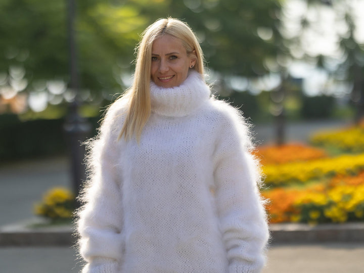 Fluffy White Mohair Sweater, Hand Knitted Soft Warm Knit Jumper T1231