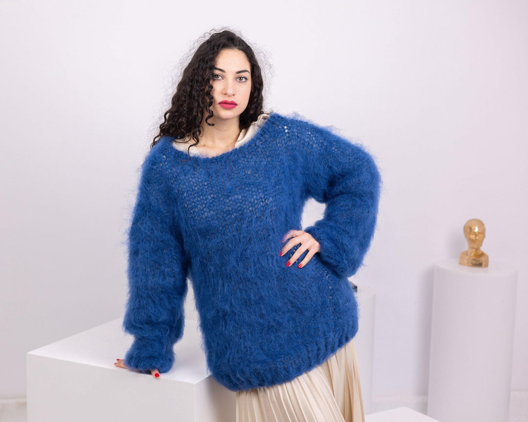 Hand Knitted Blue Mohair Sweater, Soft Fluffy Crewneck Jumper, Oversized Men’s Pullover T1544