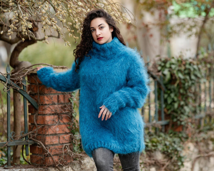 Hand Knitted Blue Mohair Sweater, Chunky Fluffy Turtleneck Jumper, Warm Pullover T1397