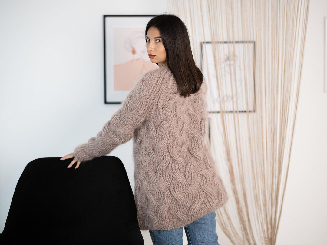 Beige Mohair Sweater – Hand-Knitted Cabled Pullover T1156