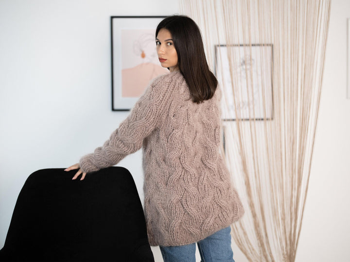 Beige Mohair Sweater – Hand-Knitted Cabled Pullover T1156