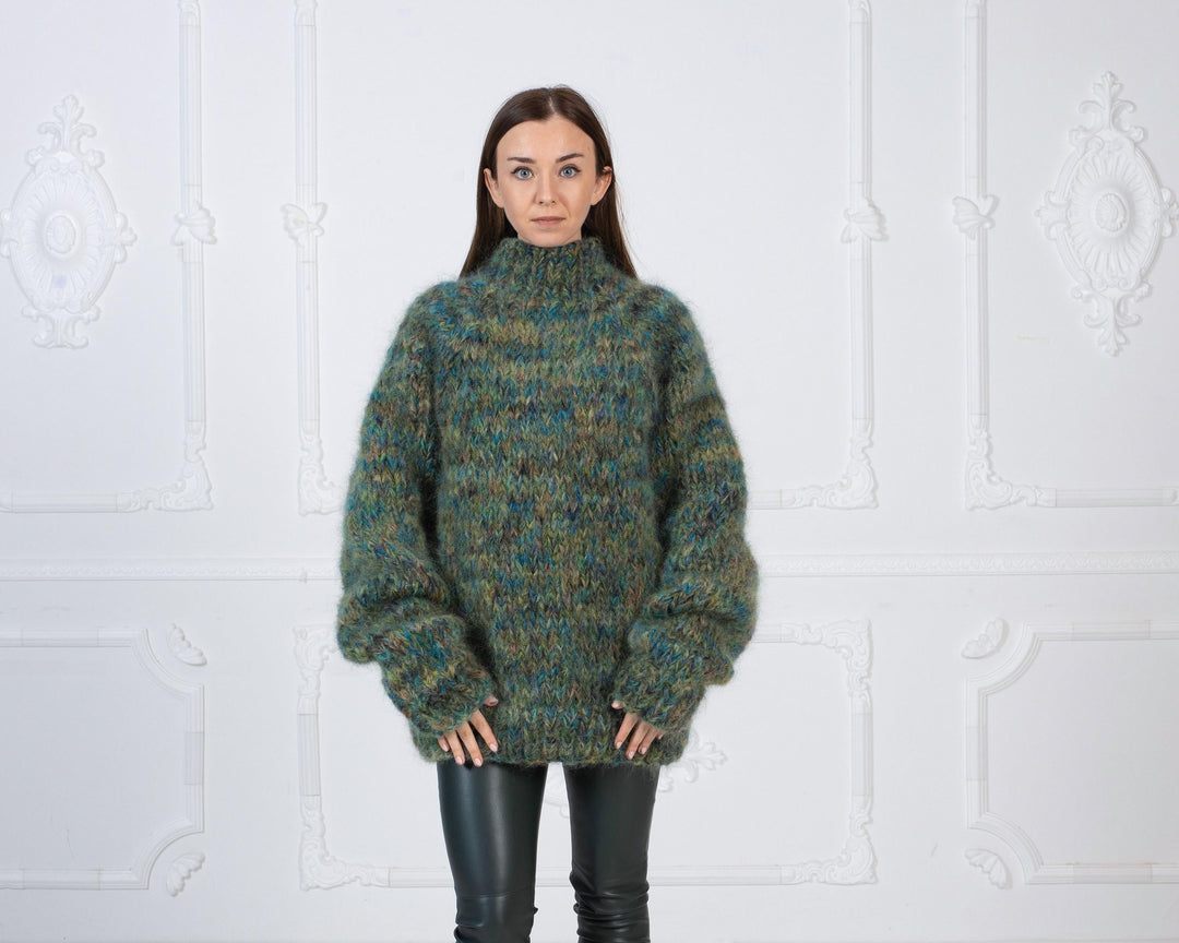 6-Strand Green Melange Mohair Sweater – Hand-Knitted Mega Thick Fuzzy Jumper T980W