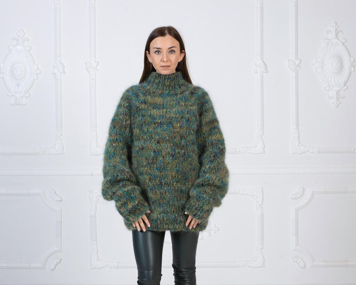 6-Strand Green Melange Mohair Sweater – Hand-Knitted Mega Thick Fuzzy Jumper T980W