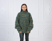 Pull en mohair vert mélangé 6 fils – Tricoté à la main, très épais, duveteux, modèle T980W