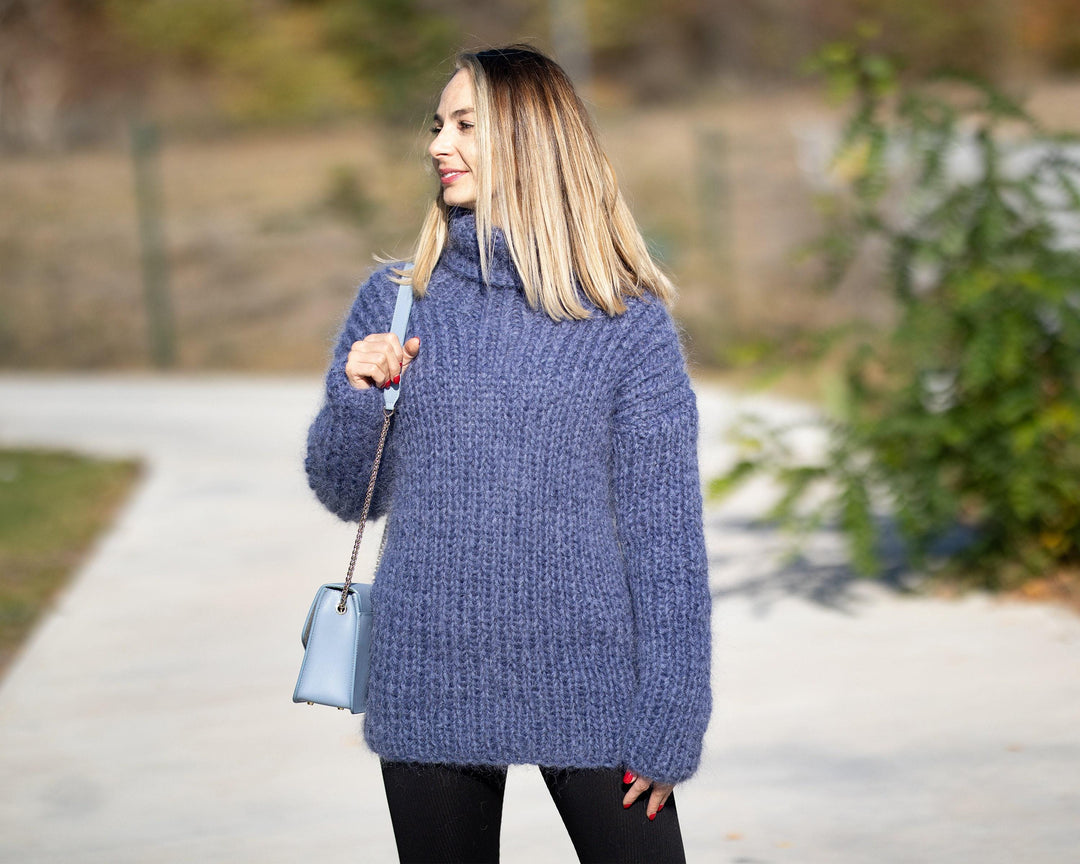 Denim Mohair Sweater – Hand-Knitted Women’s Pullover T1297