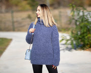 Denim-Mohair-Pullover – Handgestrickter Damenpullover T1297