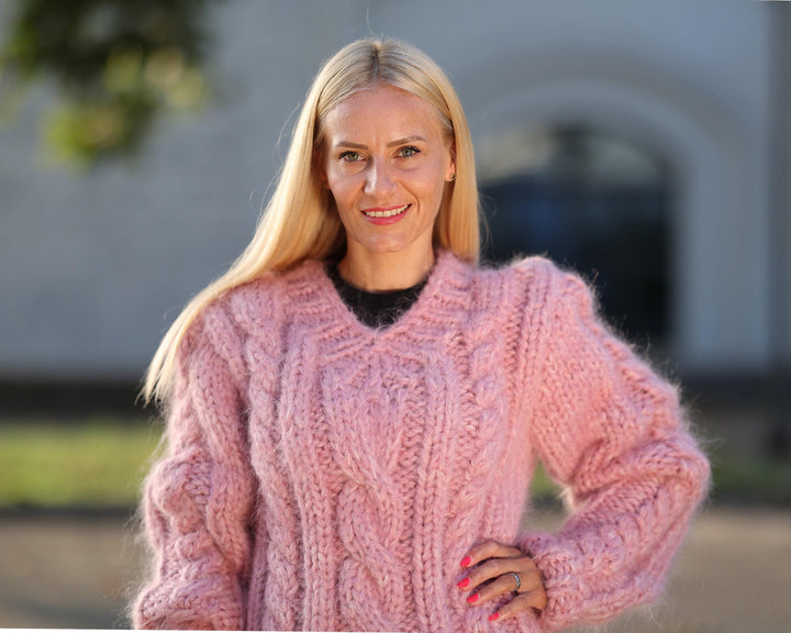 16-Strand Cabled Mohair–Alpaca Mix Sweater – Hand-Knitted Chunky Fuzzy Jumper T1451