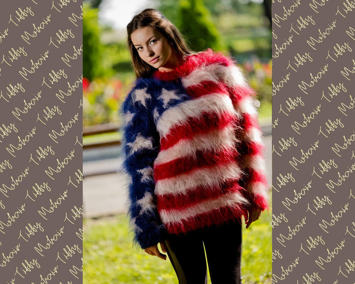 American Flag Mohair Sweater – Hand-Knitted Fluffy Chunky Crewneck Pullover T110