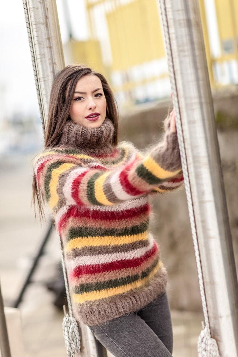 Striped Mohair Turtleneck Sweater, Hand Knitted Chunky Fluffy Oversized Pullover T415