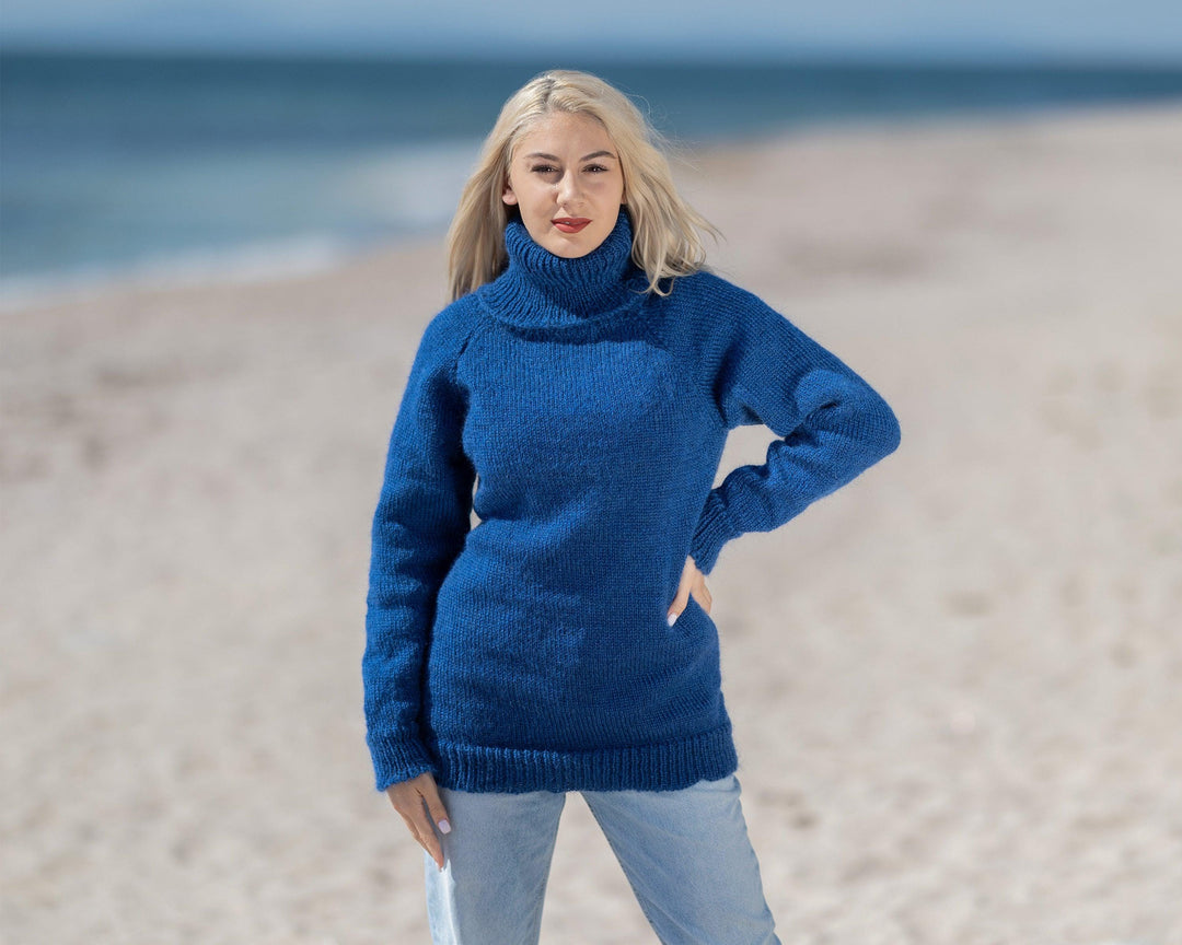 Blue Mohair Turtleneck Sweater – Hand-Knitted Fluffy Soft Winter Pullover T1419