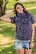 Pull en mohair à manches courtes – Pull court duveteux tricoté à la main T327