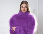 Pull en Mohair Violet Tricoté Main, Chandail Doux et Épais à Col Roulé, Pull Oversize Chaud T983