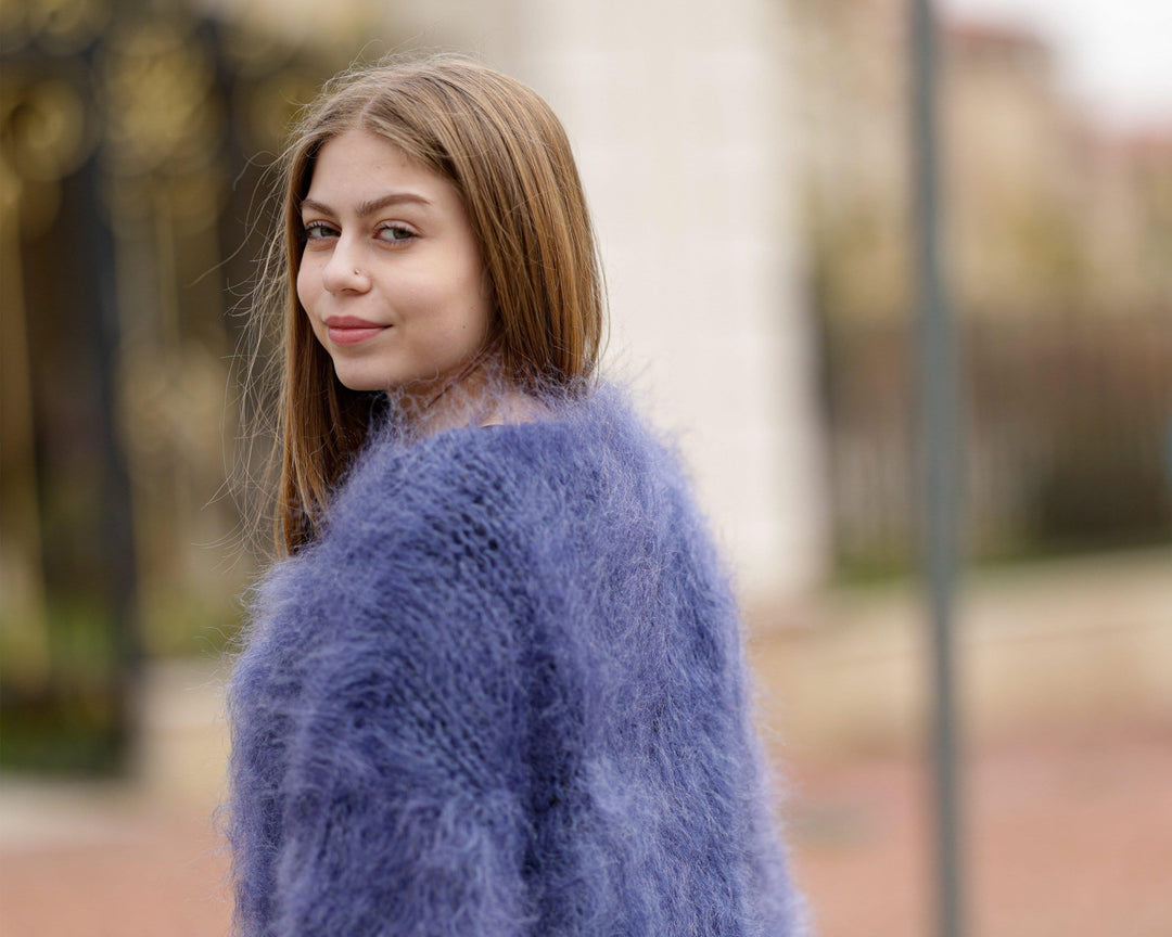 Denim Blue Mohair Sweater – Hand-Knitted Big-Needle Fluffy Transparent Pullover T1370
