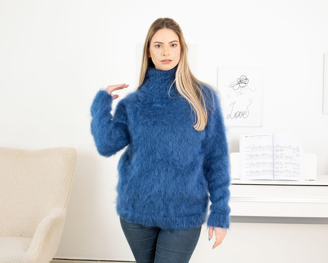 Fluffy Blue Mohair Sweater – Hand-Knitted Soft Warm Turtleneck Pullover T1322