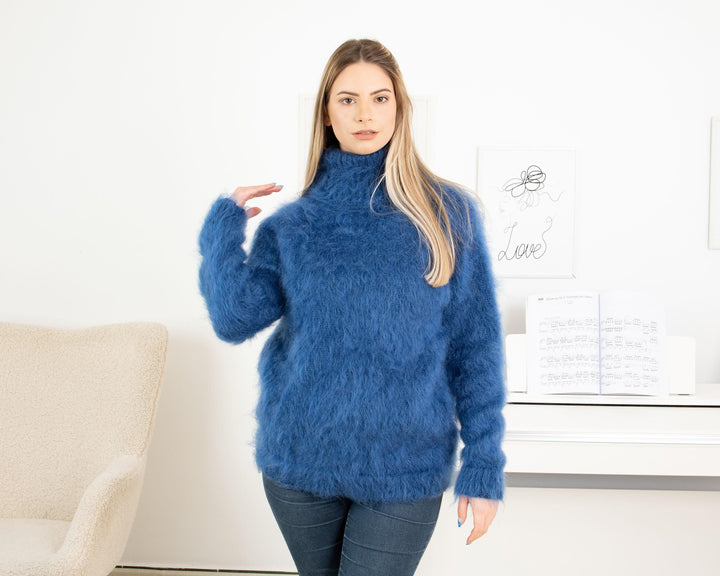 Fluffy Blue Mohair Sweater – Hand-Knitted Soft Warm Turtleneck Pullover T1322