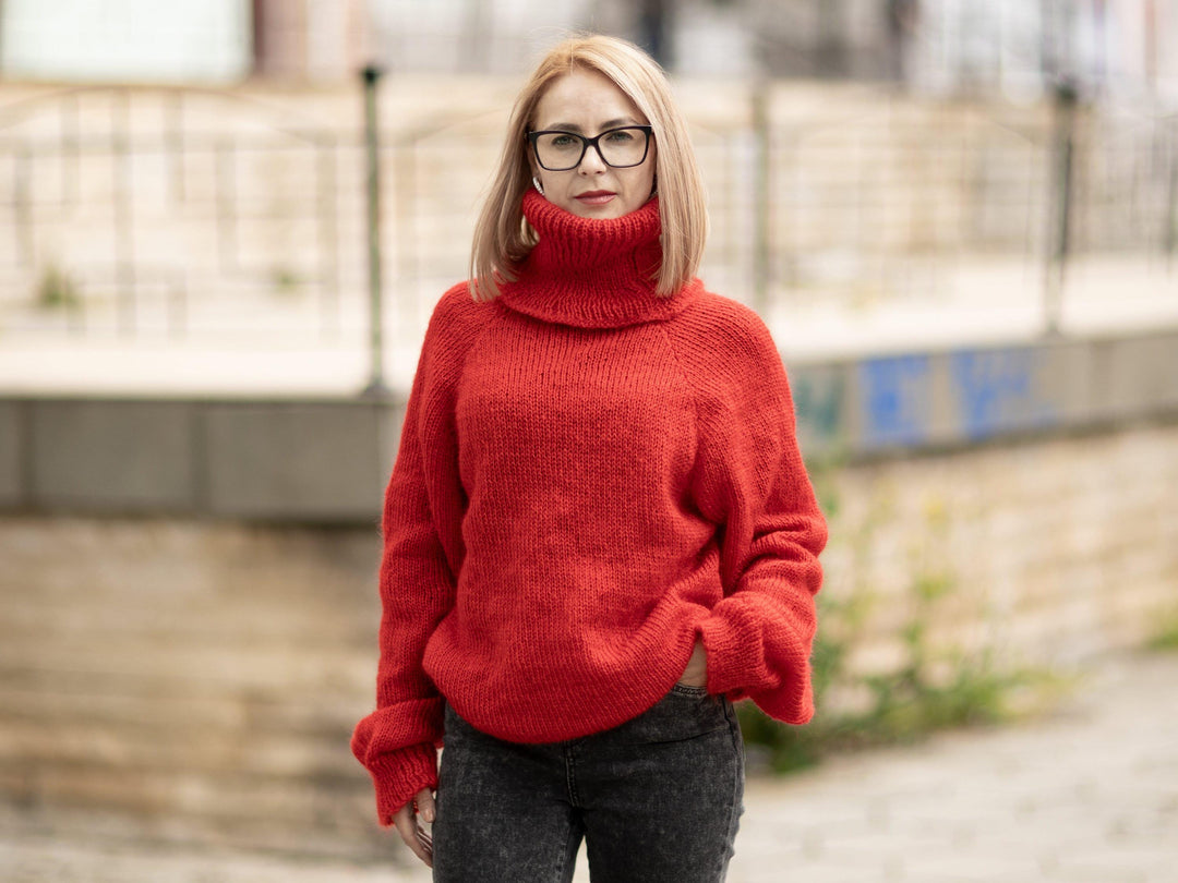 Hand-Knitted Red Mohair Sweater – Fluffy Fuzzy Turtleneck Jumper T1075
