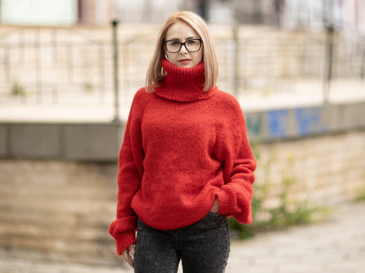 Hand-Knitted Red Mohair Sweater – Fluffy Fuzzy Turtleneck Jumper T1075