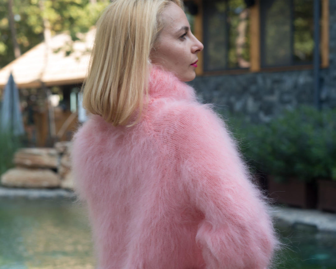 Pink Mohair Turtleneck Sweater, Hand Knitted Fluffy Soft Winter Pullover T831