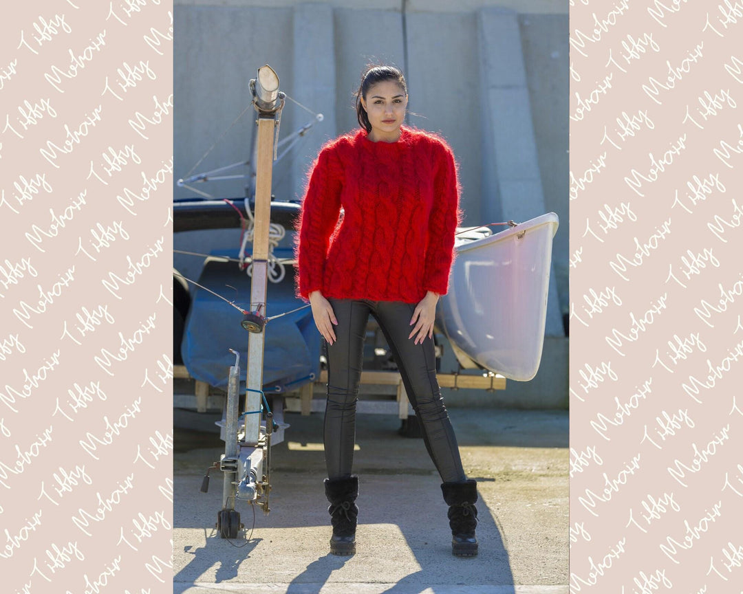 Fuzzy Mohair Sweater – Hand-Knitted Cabled Chunky Oversized Crewneck Pullover T564