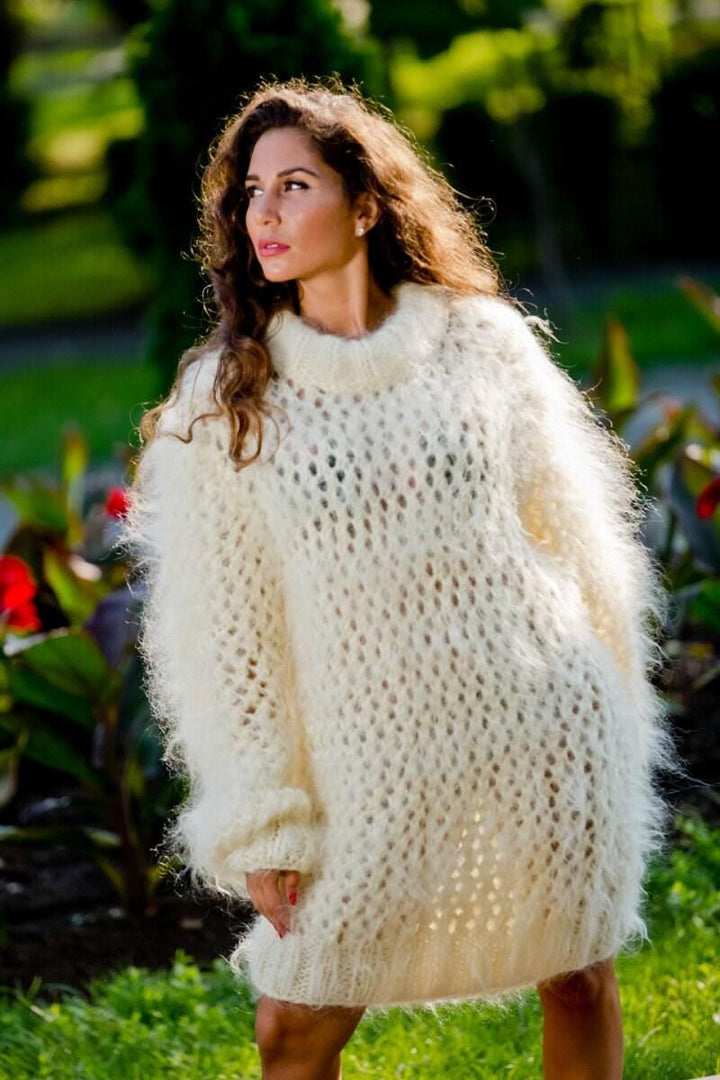 Mohair Sweater with Holes – Hand-Knitted Loose Fluffy Oversized Pullover T99