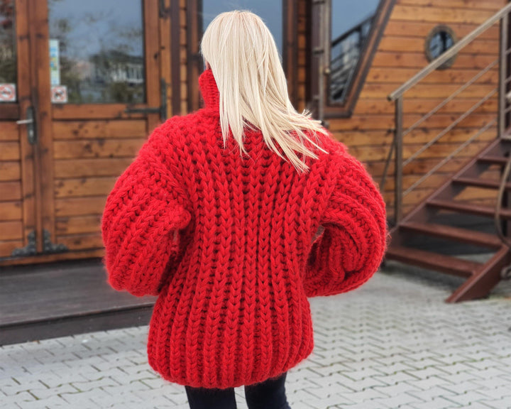 8-Strand Chunky Red Mohair–Wool Mix Sweater – Hand-Knitted Pullover T915