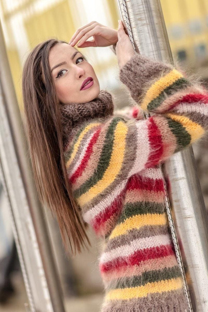 Striped Mohair Turtleneck Sweater, Hand Knitted Chunky Fluffy Oversized Pullover T415