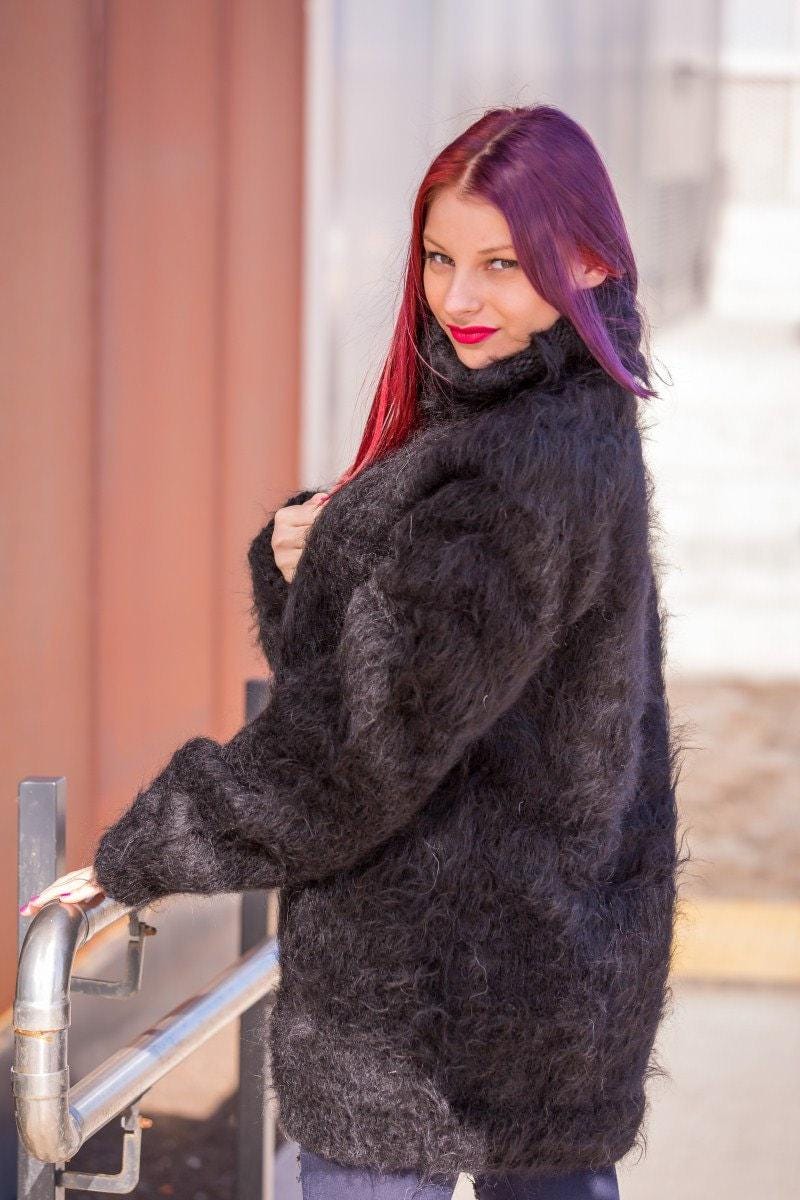 Black Mohair Turtleneck Sweater, Hand Knitted Chunky Fluffy Oversized Jumper T519