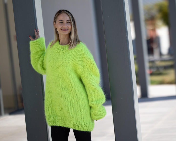 Neon Mohair Sweater – Hand-Knitted Crewneck Jumper T1296