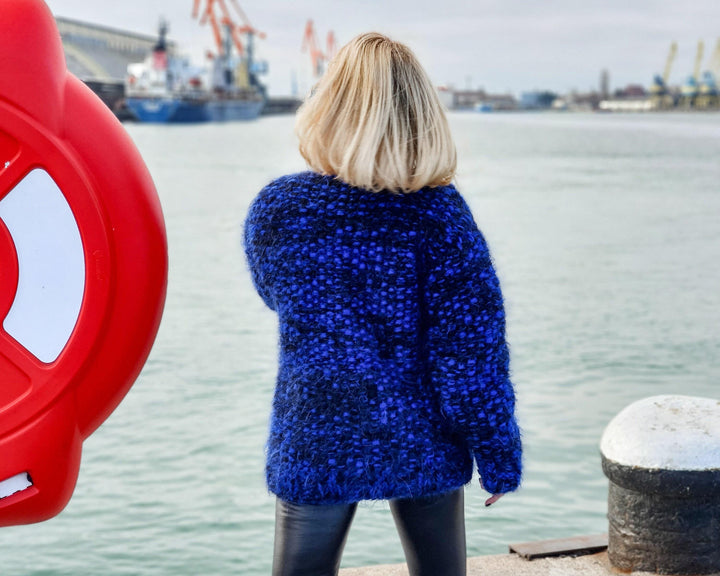 8-Strand Blue Melange Mohair Sweater – Hand-Knitted Cabled Fluffy Oversized Jumper T951