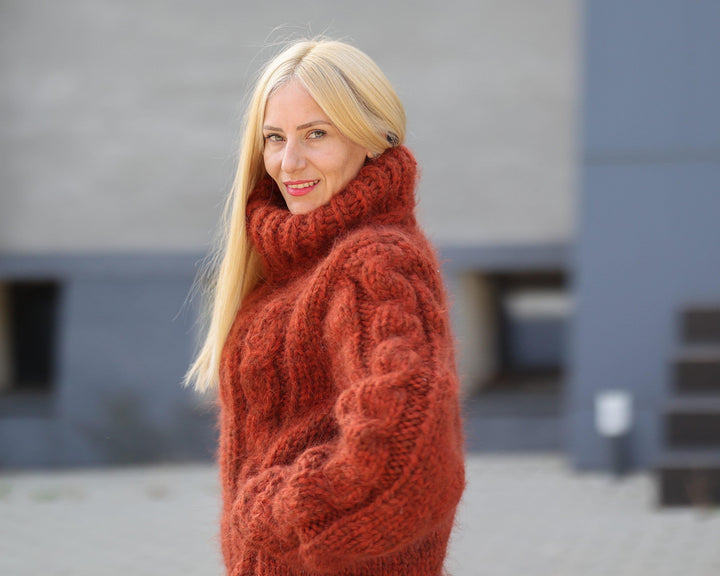 16-Strand Cabled Mohair–Alpaca Mix Sweater – Hand-Knitted Chunky Fuzzy Jumper T1491