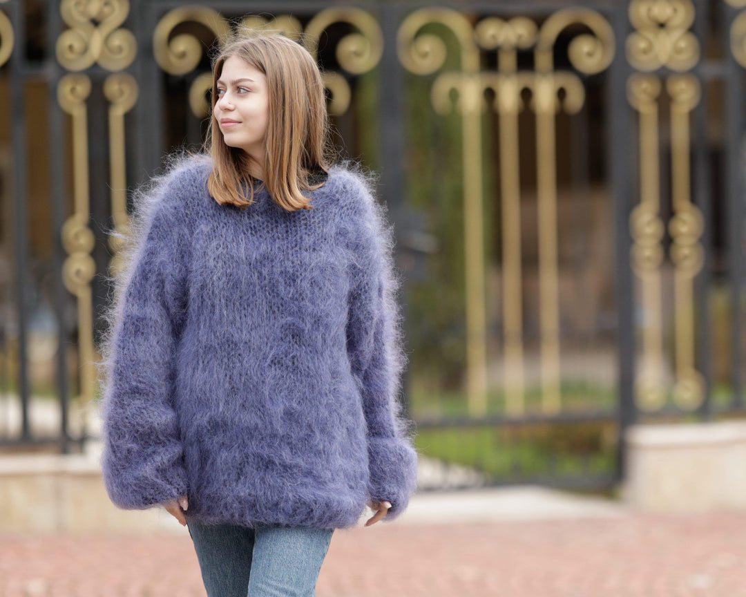 Denim Blue Mohair Sweater – Hand-Knitted Big-Needle Fluffy Transparent Pullover T1370