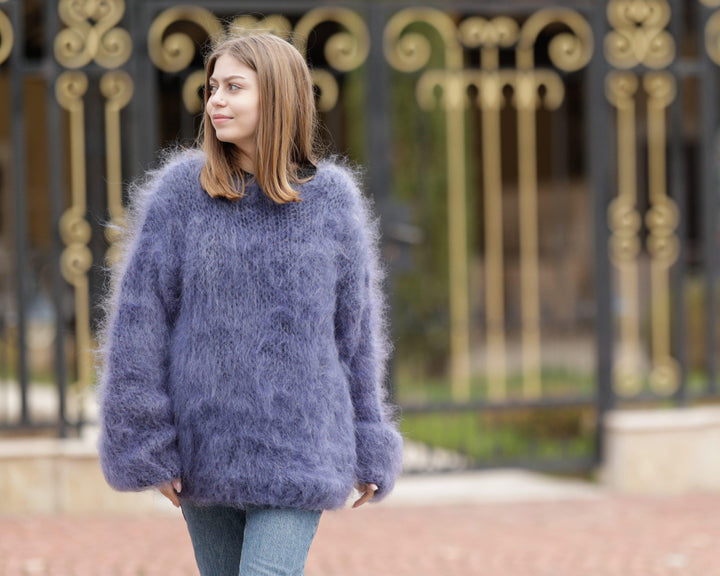 Denim Blue Mohair Sweater – Hand-Knitted Big-Needle Fluffy Transparent Pullover T1370