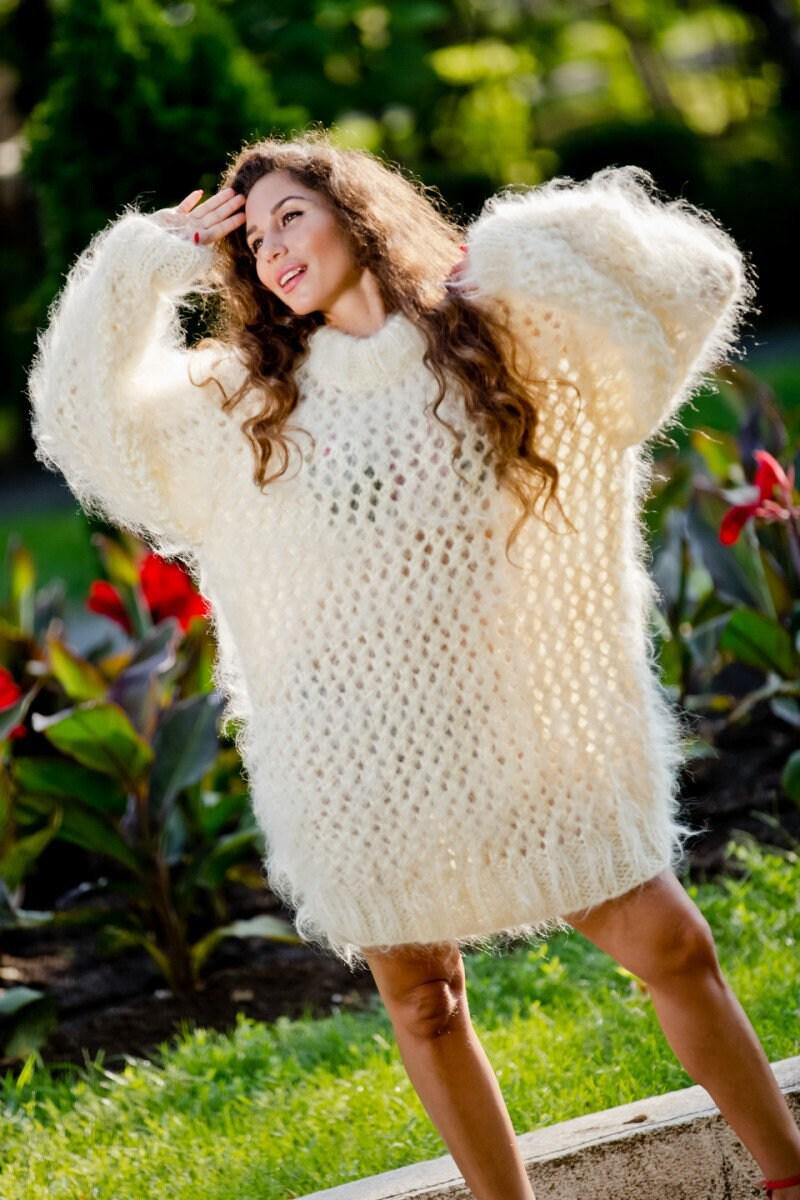 Mohair Sweater with Holes – Hand-Knitted Loose Fluffy Oversized Pullover T99