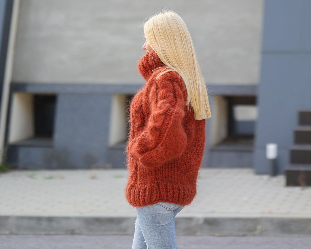 16-Strand Cabled Mohair–Alpaca Mix Sweater – Hand-Knitted Chunky Fuzzy Jumper T1491
