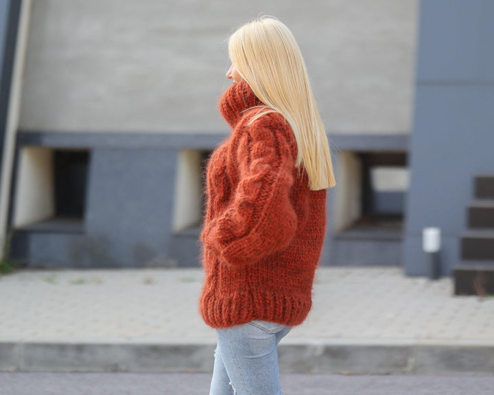 16-Strand Cabled Mohair–Alpaca Mix Sweater – Hand-Knitted Chunky Fuzzy Jumper T1491