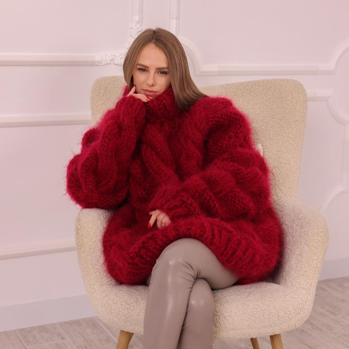 Chunky Mohair Cable Knit Sweater – Red Hand Knit Pullover – 12-Strand Oversized Fluffy Jumper T1994