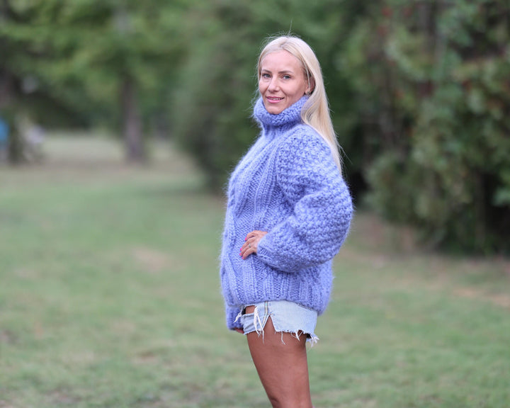 6-Strand Mohair Sweater – Hand-Knitted Cabled Chunky Oversized Pullover T1459