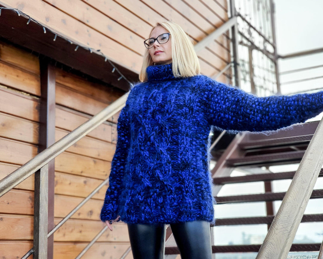 8-Strand Blue Melange Mohair Sweater – Hand-Knitted Cabled Fluffy Oversized Jumper T951